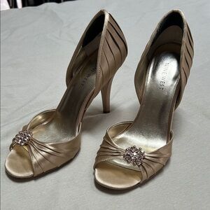 Nine West Metallic Gold Heels with Rhinestone Accent